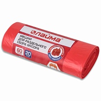 Мешки для мусора 60 л, красный, в рулоне 20 шт., ПНД, 10 мкм, 680х580 мм, LAIMA, 606702 в Астане