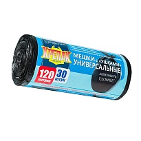 Мешки для мусора 120 л, с ушками, черные, в рулоне 30 шт., ПНД, 15 мкм, 1100х700 мм, Крепак, 4607075710375 в Астане