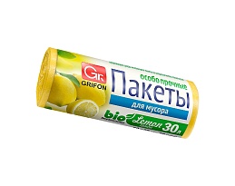 Мешки для мусора 30 л, ароматизированные, Лимон, желтые, в рулоне 20 шт., ПНД, 9 мкм, 560х530 мм, GRIFON Aroma, 101-020 Li в Астане